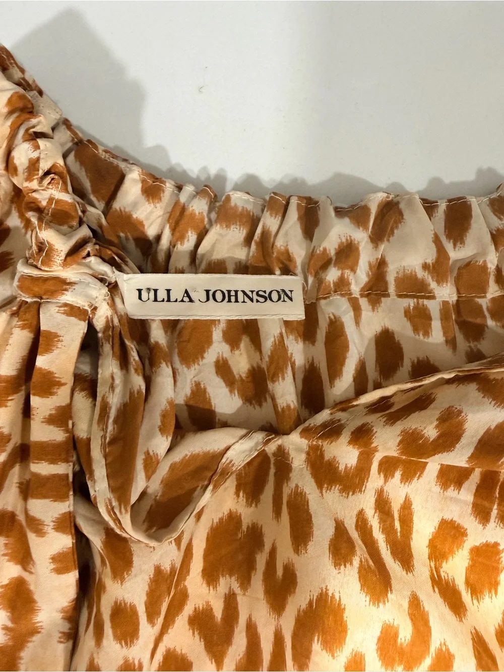 Ulla Johnson Leopard Print Puff Sleeve Blouse in Tan and Cream